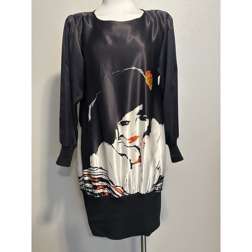 Vintage 80s On The Rocks California Retro Print Black Mini Tunic Dress sz.S-M